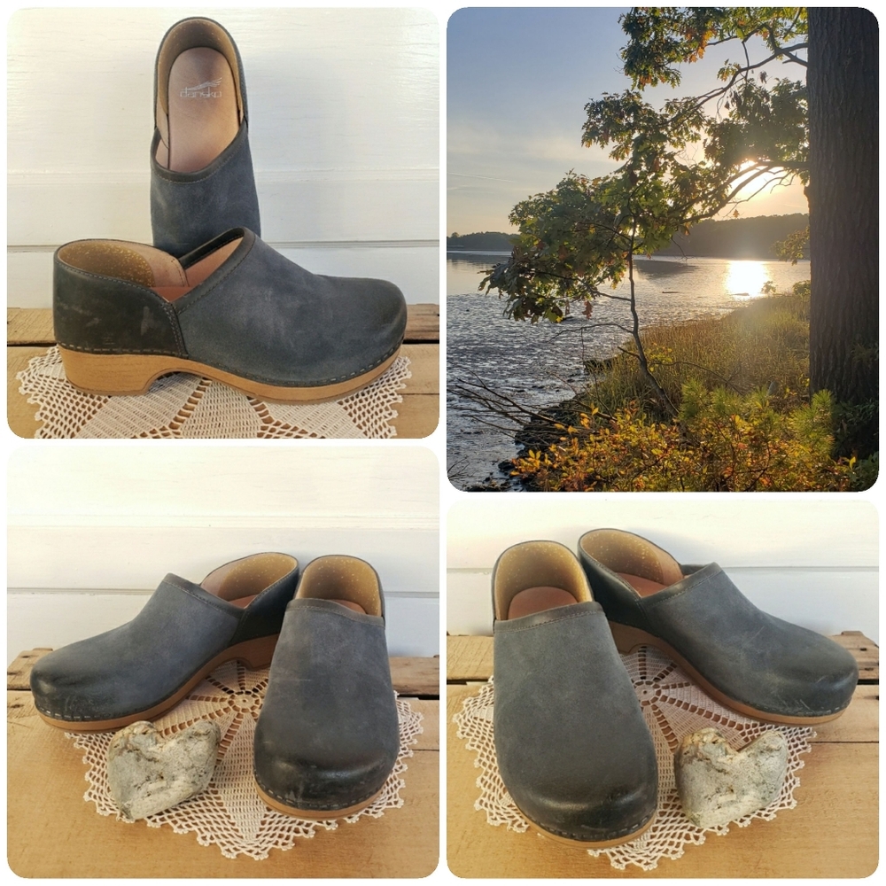 Denim Dansko Brenna Clog Two-tone Burnish Navy Cottage Blue Leather Suede Boho ♡